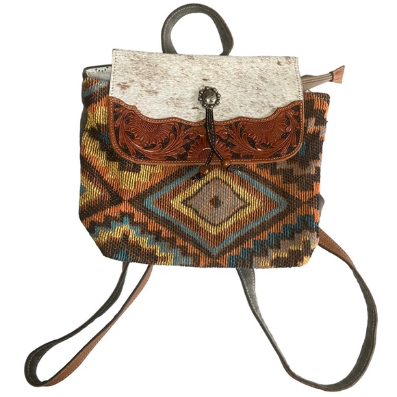 Myra Bag THE ARIZONA backpack purse upcycled leather hair on canvas - Picture 2 of 11